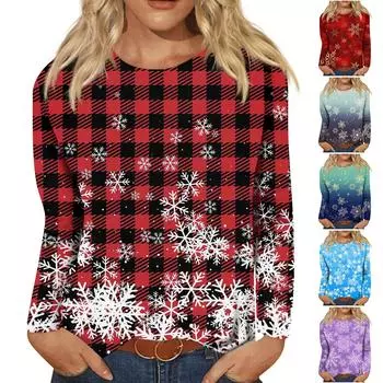 Женская мода, повседневная блузка с длинным рукавом и рождественским принтом, пуловер с круглым вырезом XXL винный