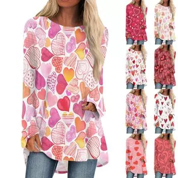 Женская мода повседневная блузка с длинным рукавом и принтом «Любовь ко Дню святого Валентина», круглый вырез, пуловер XXXL розовый