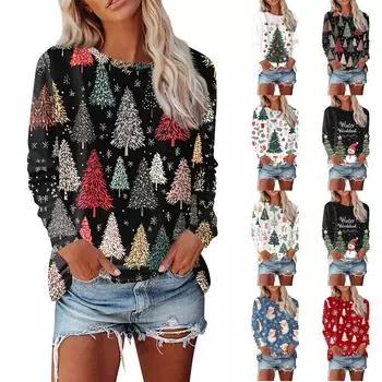 Женская мода, повседневная блузка с длинным рукавом и круглым вырезом, пуловер с принтом XL красный