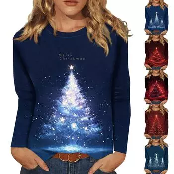 Женская мода, повседневная блузка с длинным рукавом и круглым вырезом, пуловер с принтом L синий