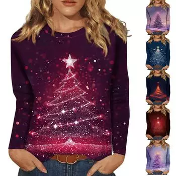 Женская мода, повседневная блузка с длинным рукавом и круглым вырезом, пуловер с принтом L темно-синий