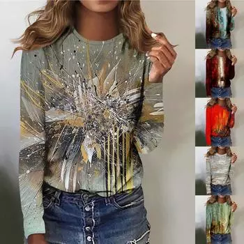 Женская мода, повседневная блузка с длинным рукавом и круглым вырезом, пуловер с принтом XXL