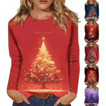 Женская мода, повседневная блузка с длинным рукавом и круглым вырезом, пуловер с принтом XL киноварь