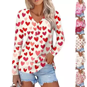 Женская мода повседневная блузка с длинным рукавом и принтом «Любовь ко Дню святого Валентина» с V-образным вырезом L