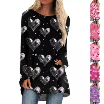 Женская мода повседневная блузка с длинным рукавом и принтом «Любовь ко Дню святого Валентина», круглый вырез, пуловер XXL