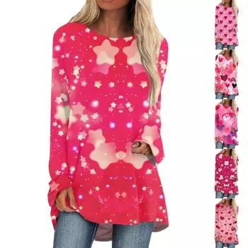 Женская мода повседневная блузка с длинным рукавом и принтом «Любовь ко Дню святого Валентина», круглый вырез, пуловер XXL чёрный