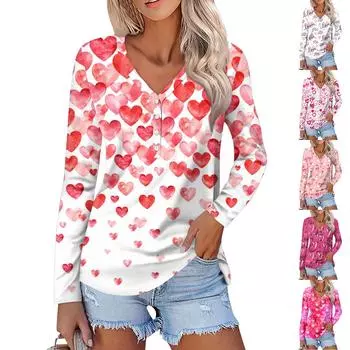 Женская мода повседневная блузка с длинным рукавом и принтом «Любовь ко Дню святого Валентина» с V-образным вырезом S