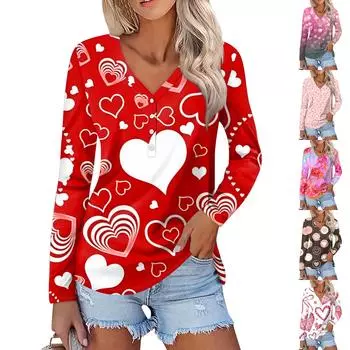 Женская мода повседневная блузка с длинным рукавом и принтом «Любовь ко Дню святого Валентина» с V-образным вырезом XXXL красный