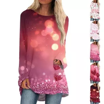 Женская мода повседневная блузка с длинным рукавом и принтом «Любовь ко Дню святого Валентина», круглый вырез, пуловер S