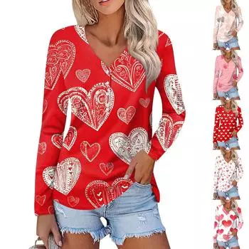 Женская мода повседневная блузка с длинным рукавом и принтом «Любовь ко Дню святого Валентина» с V-образным вырезом XL чёрный