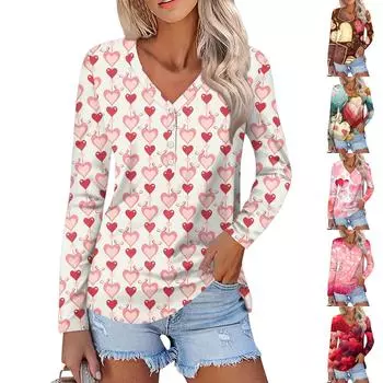 Женская мода повседневная блузка с длинным рукавом и принтом «Любовь ко Дню святого Валентина» с V-образным вырезом XXL