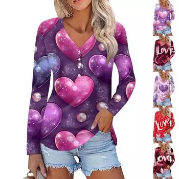 Женская мода повседневная блузка с длинным рукавом и принтом «Любовь ко Дню святого Валентина» с V-образным вырезом M