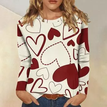 Женская мода, повседневная блузка с длинным рукавом и круглым вырезом, пуловер с принтом S винный