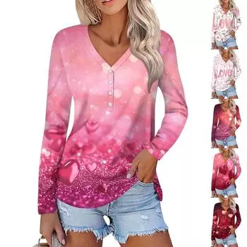 Женская мода повседневная блузка с длинным рукавом и принтом «Любовь ко Дню святого Валентина» с V-образным вырезом XXL