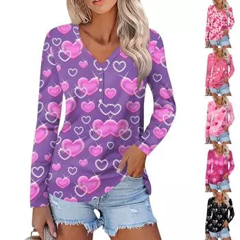 Женская мода повседневная блузка с длинным рукавом и принтом «Любовь ко Дню святого Валентина» с V-образным вырезом XXXL