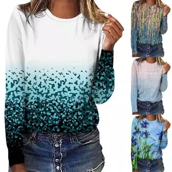 Женская мода, повседневная блузка с длинным рукавом и круглым вырезом, пуловер с принтом XXL
