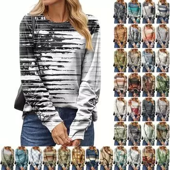Женская мода, повседневная блузка с длинным рукавом и круглым вырезом, пуловер с принтом XL тёмно-синий