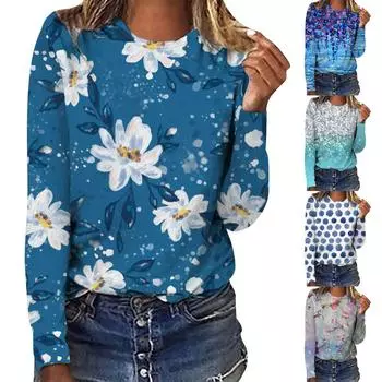 Женская мода, повседневная блузка с длинным рукавом и круглым вырезом, пуловер с принтом S