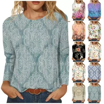 Женская мода, повседневная блузка с длинным рукавом и круглым вырезом, пуловер с принтом XXXXL синий