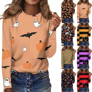 Женская мода, повседневная блузка с длинным рукавом и принтом на Хэллоуин, пуловер с круглым вырезом L