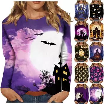 Женская мода, повседневная блузка с длинным рукавом и принтом на Хэллоуин, пуловер с круглым вырезом XL жёлтый