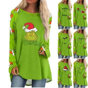 Женская мода, повседневная блузка с длинным рукавом и рождественским принтом, пуловер с круглым вырезом XXXL синий