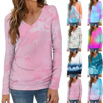 Женская мода повседневная блузка с длинным рукавом и цветочным принтом с V-образным вырезом XL фиолетовый