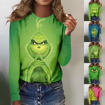 Женская мода, повседневная блузка с длинным рукавом и круглым вырезом, пуловер с принтом L