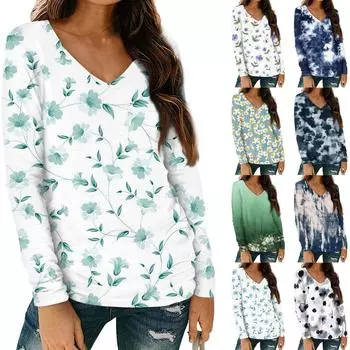 Женская мода повседневная блузка с длинным рукавом и цветочным принтом, V-образным вырезом и карманами L темно-фиолетового