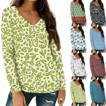 Женская мода повседневная блузка с длинным рукавом и цветочным принтом, V-образным вырезом и карманами S розовый