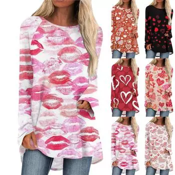 Женская мода повседневная блузка с длинным рукавом и принтом «Любовь ко Дню святого Валентина», круглый вырез, пуловер L белый