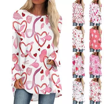 Женская мода повседневная блузка с длинным рукавом и принтом «Любовь ко Дню святого Валентина», круглый вырез, пуловер XL