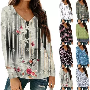 Женская мода повседневная блузка с длинным рукавом и цветочным принтом, V-образным вырезом и карманами XXL