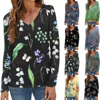 Женская мода повседневная блузка с длинным рукавом и цветочным принтом с V-образным вырезом XXXL розовый