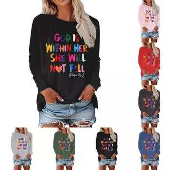 Женская мода, повседневная блузка с длинным рукавом и круглым вырезом, пуловер с принтом L синий