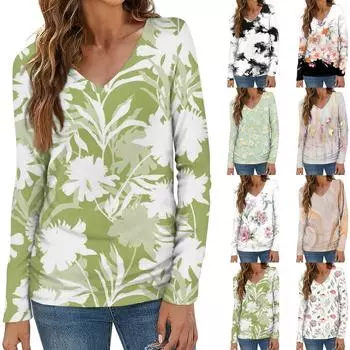 Женская мода повседневная блузка с длинным рукавом и цветочным принтом с V-образным вырезом XL