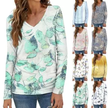 Женская мода повседневная блузка с длинным рукавом и цветочным принтом с V-образным вырезом S фиолетовый