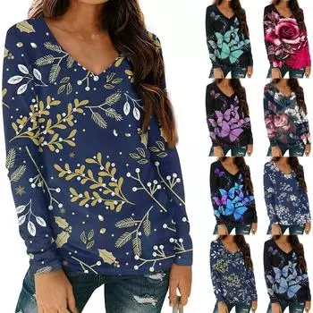 Женская мода повседневная блузка с длинным рукавом и цветочным принтом, V-образным вырезом и карманами L темно-фиолетового