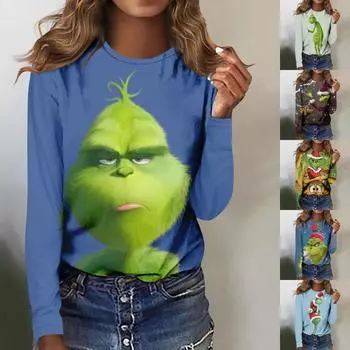 Женская мода, повседневная блузка с длинным рукавом и круглым вырезом, пуловер с принтом L