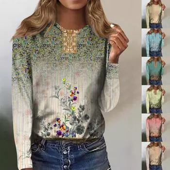 Женская мода, повседневная блузка с длинным рукавом и круглым вырезом, пуловер с принтом M серый