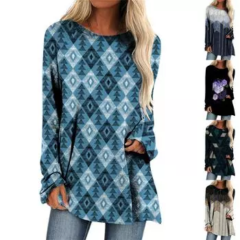 Женская мода, повседневная блузка с длинными рукавами и принтом, пуловер с круглым вырезом L синий