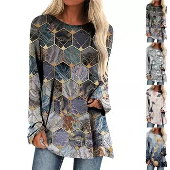 Женская мода, повседневная блузка с длинными рукавами и принтом, пуловер с круглым вырезом XXL розовый