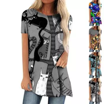 Женская мода, повседневная блузка с коротким рукавом и круглым вырезом, пуловер с принтом