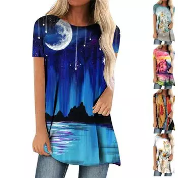 Женская мода, повседневная блузка с коротким рукавом и круглым вырезом, пуловер с принтом