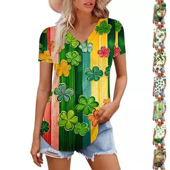 Женская мода повседневная блузка с коротким рукавом и принтом «четыре листа». Футболка ко Дню Патрика, рубашка Темперамент, топ с V-образным вырезом L армия зеленый