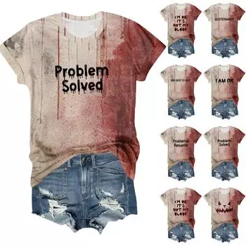 Женская мода, повседневная блузка с коротким рукавом и круглым вырезом, пуловер с принтом S