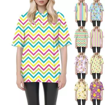 Женская мода повседневная блузка с коротким рукавом и принтом Пасхи на лацканах M розовый