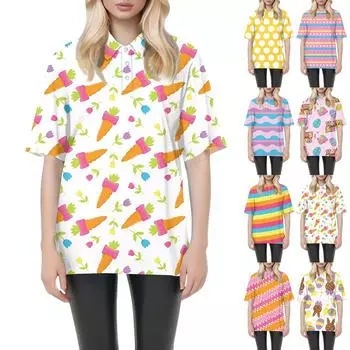 Женская мода повседневная блузка с коротким рукавом и принтом Пасхи на лацканах L красный