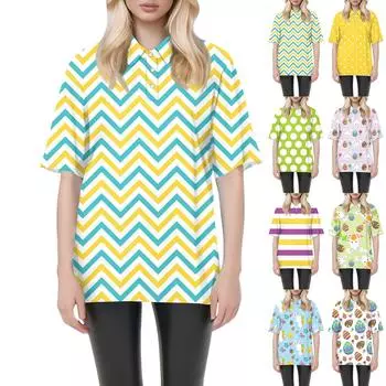 Женская мода повседневная блузка с коротким рукавом и принтом Пасхи на лацканах S золотой