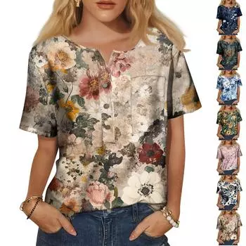 Женская мода, повседневная блузка с коротким рукавом и круглым вырезом, пуловер с принтом XXL фиолетовый